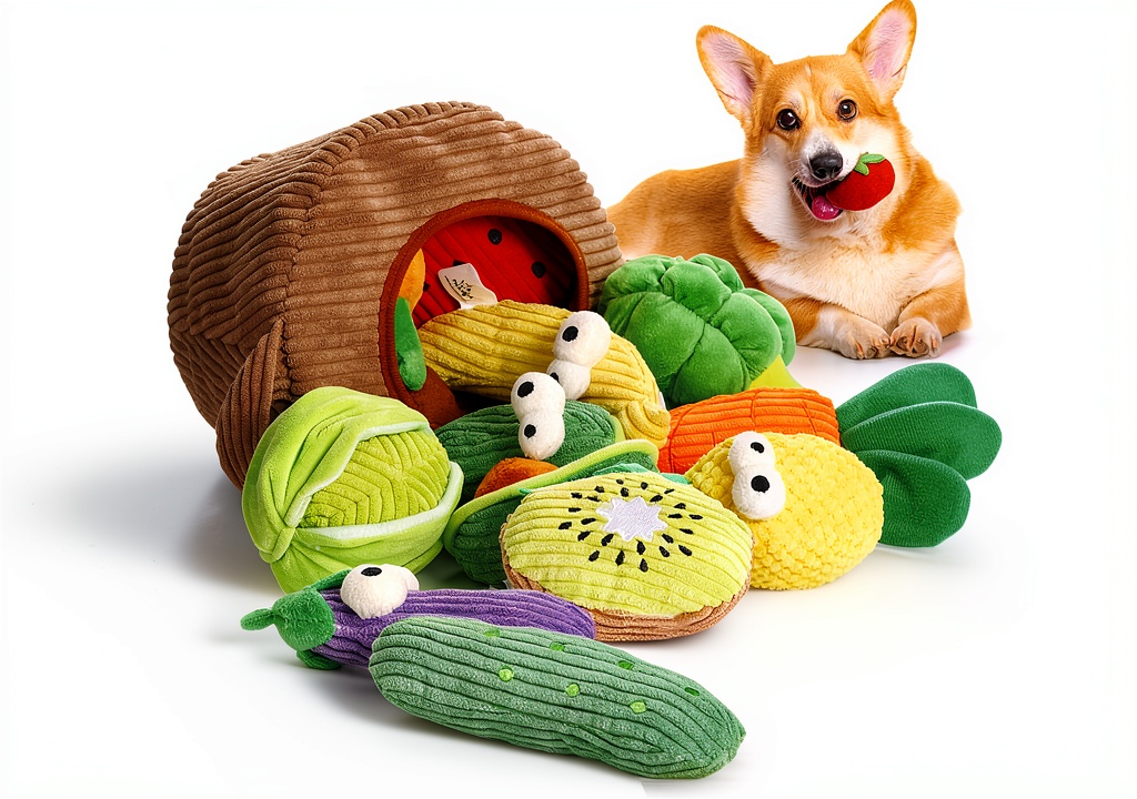 Dog playing with fruit shaped squeaky toys in a grocery bag